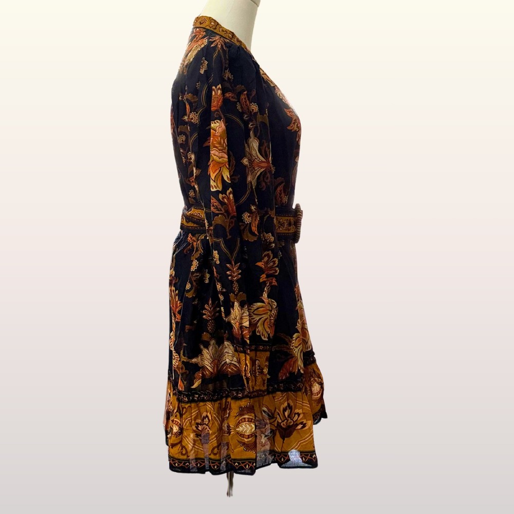 NWT Farm Rio Majestic Garden Black Mini Dress Size M Floral Boho Belted Ruffle - Picture 7 of 11